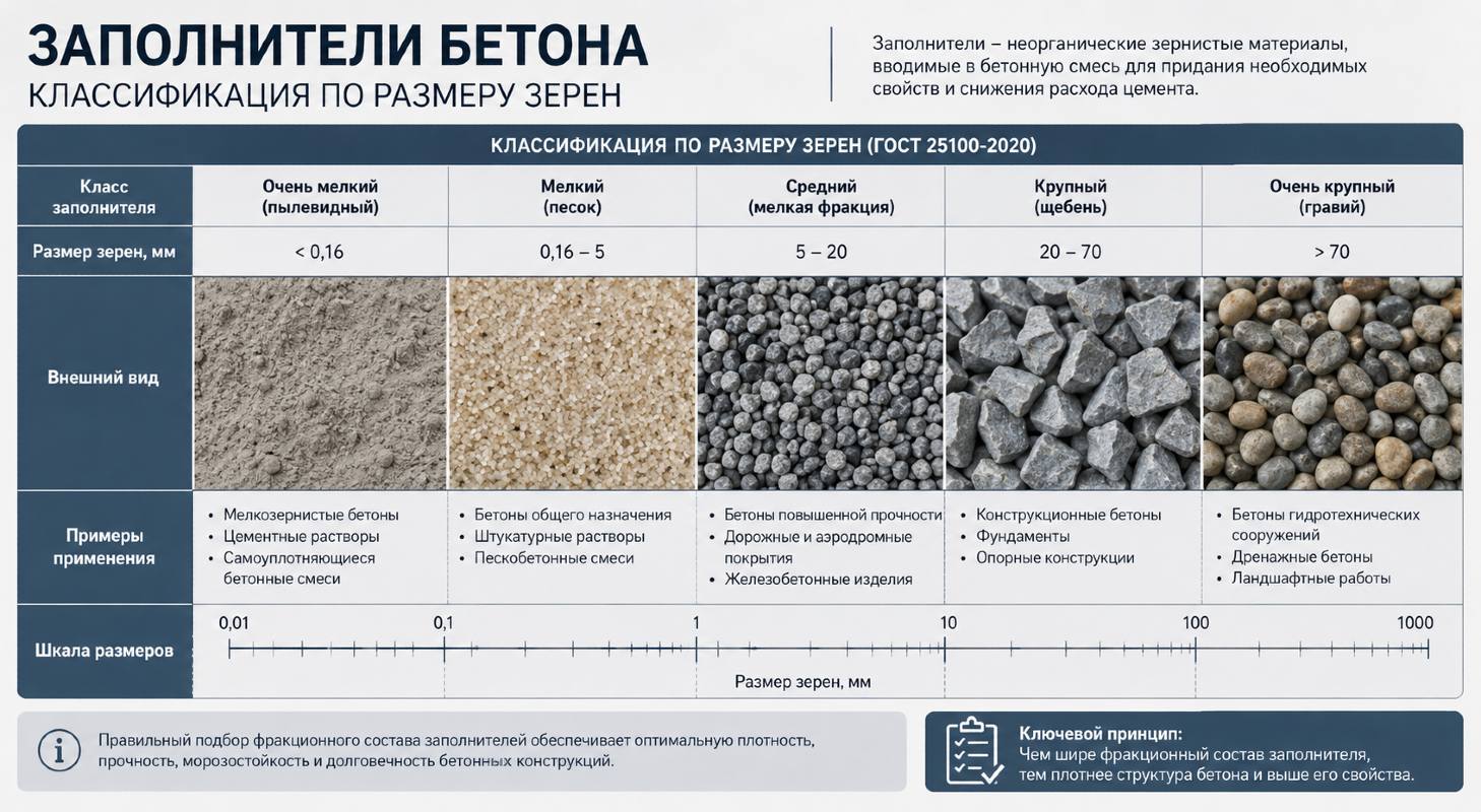 Заполнители бетона - классификация по размеру зерен
